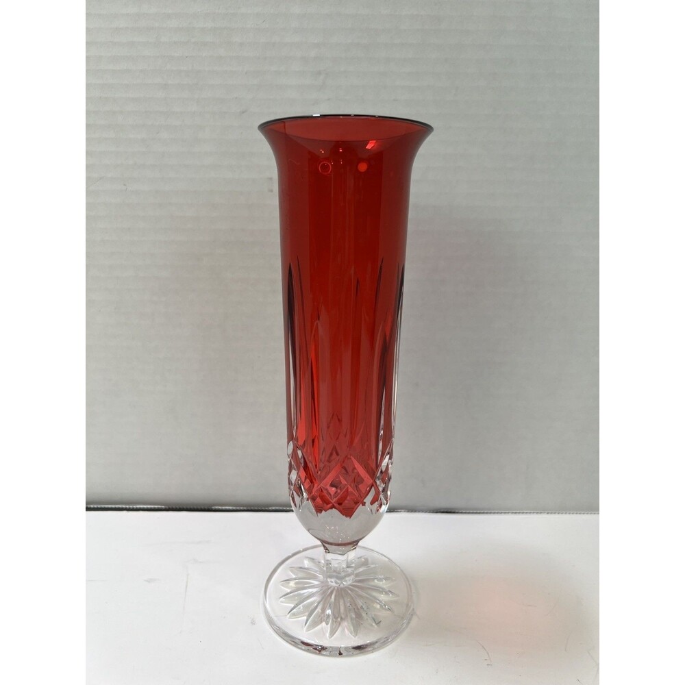 Waterford Lismore Crimson Red Bud Vase 8.1” Crystal Pedestal Footed starburst